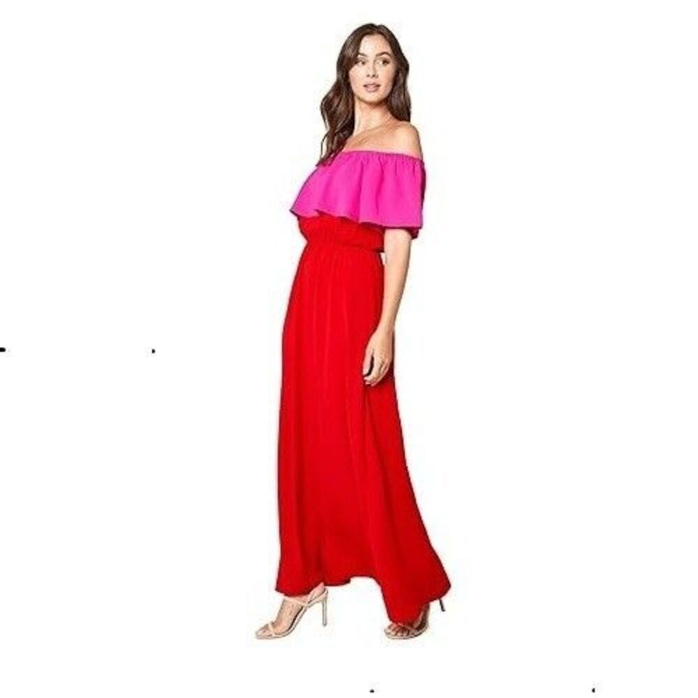 Sugar Lips Maxi Dress Women Medium Pink Red Colorblock Off Shoulder Short Sleeve